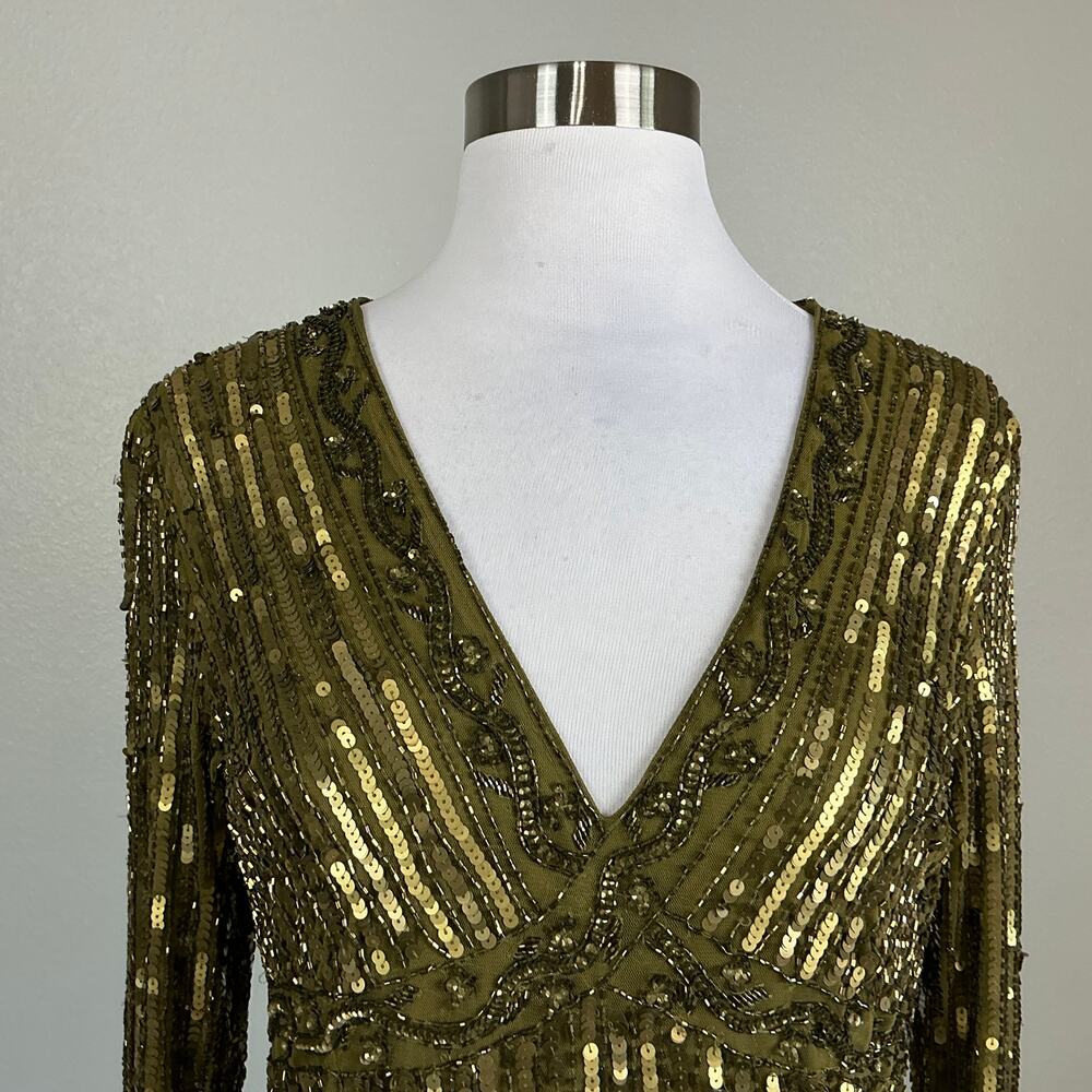Mac Duggal 5591 Green Cocktail Dress Sequined Long Sleeve A-Line Midi Size 10 - Picture 8 of 13